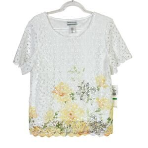 Alfred Dunner White Eyelet Floral Blouse Short Sleeve NWT Womens Large PETITE